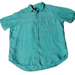 Lands End Mens Teal 100% Linen Short Sleeve Button Down Shirt Traditional Fit L